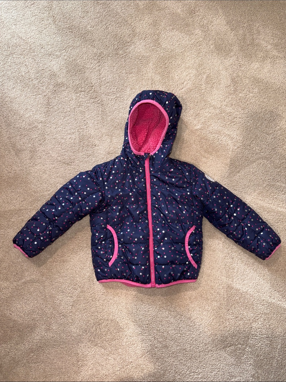 Girls' Navy Pink Fleece Lined Hooded Puffer Jacket 3T